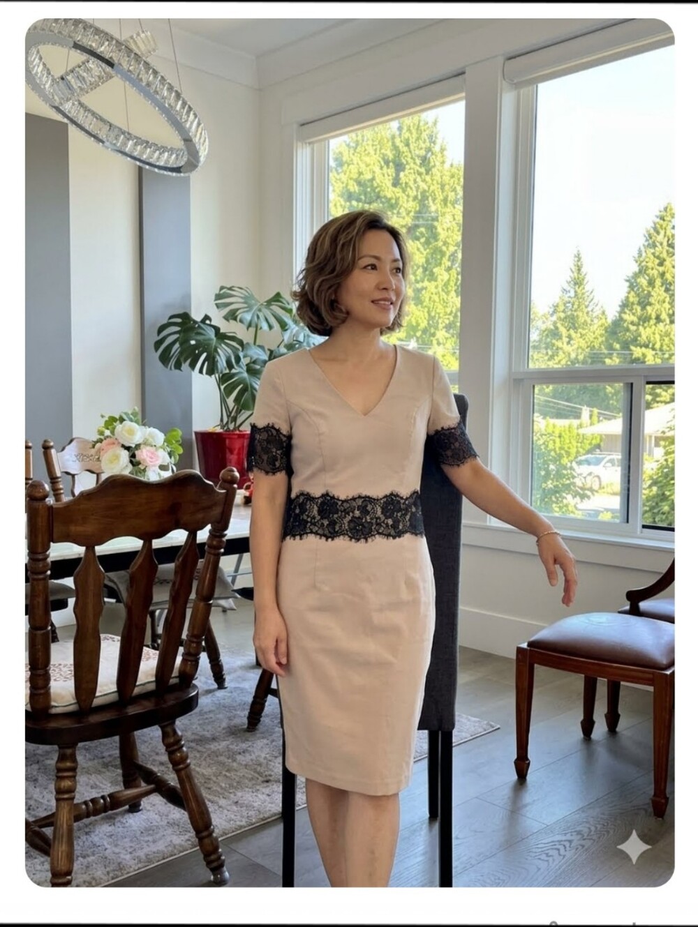 Suzy Shier Beige Dress with Black Lace Accents